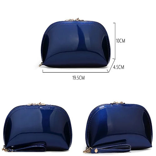 Shiny navy blue glossy patent PU leather cosmetic pouch with wrist strap